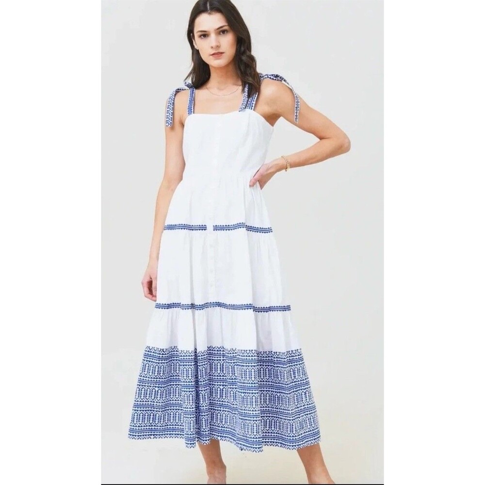 Oliphant Tie Strap Cotton Button Front Tiered Midi Dress White Blue Sz S Mykonos